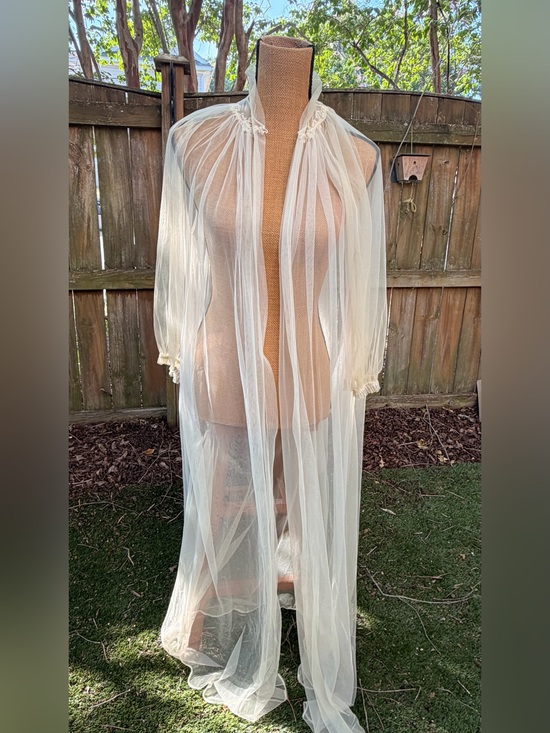 Other - Vintage 1950s Sheer Long Ivory Tulle Robe with Billowy Sleeves